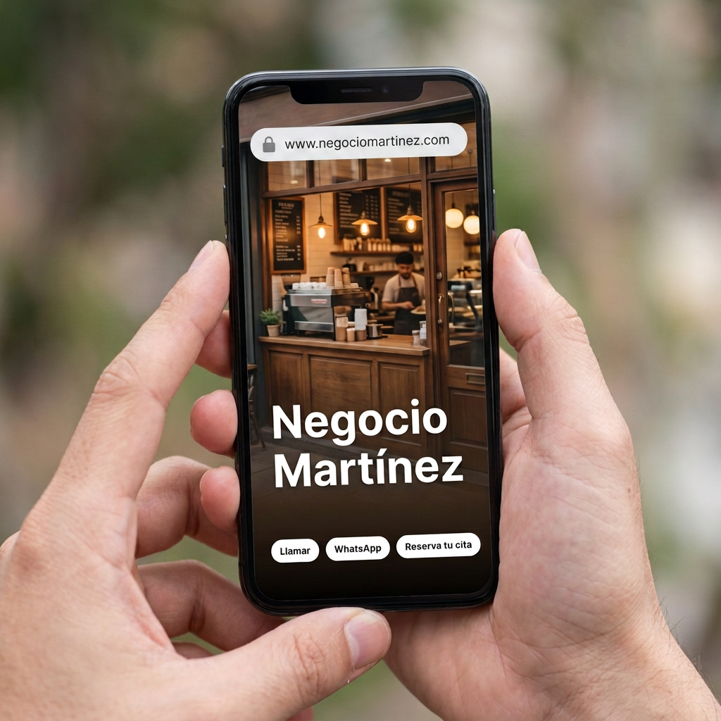 Mano sujetando un móvil que muestra la web de ejemplo con los botones Llamar y Escríbeme